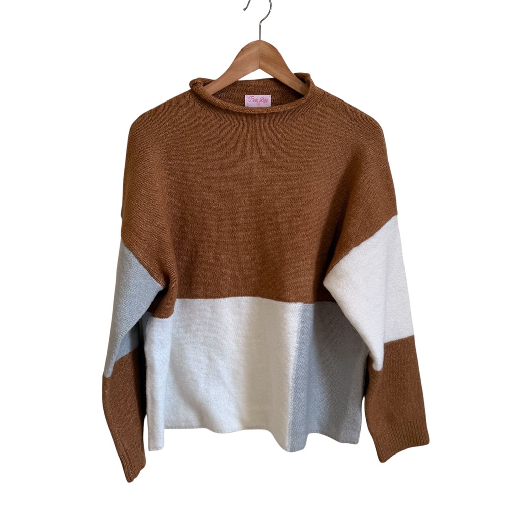 Pink‎ Lily Color Block Mock Neck Sweater Knit Pullover Brown Gray White small